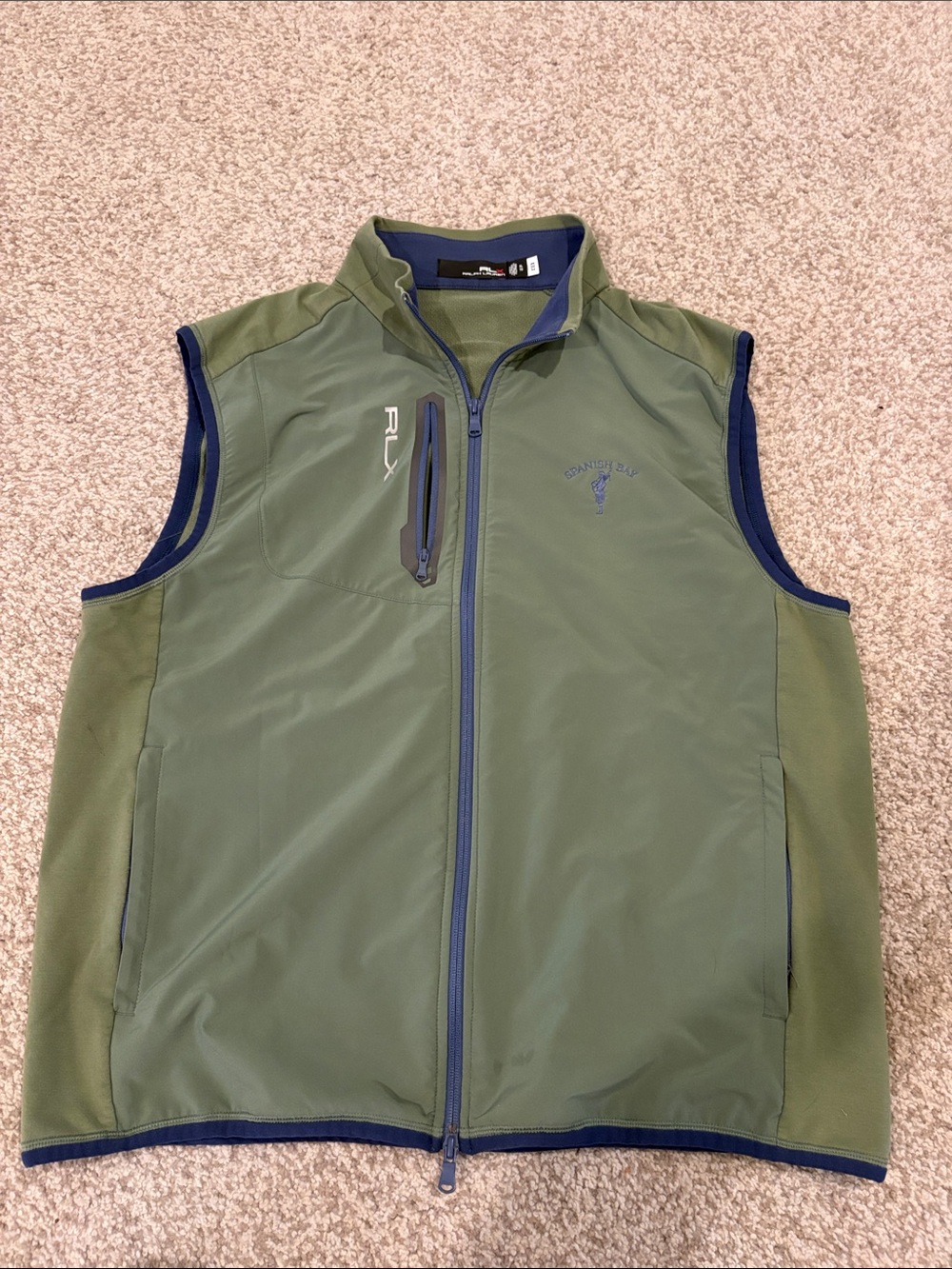 Ralph Lauren RLX Spanish Bay Golf Olive Green Softshell Vest with Navy Trim